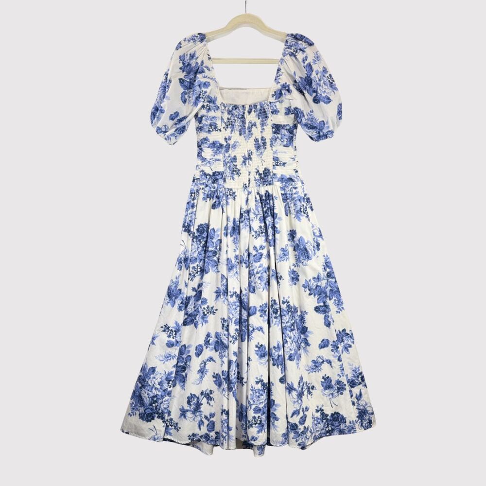 Abercrombie Fitch Midi Dress Blue Emerson Poplin Floral Puffed Pleated Boho XS - Picture 3 of 12